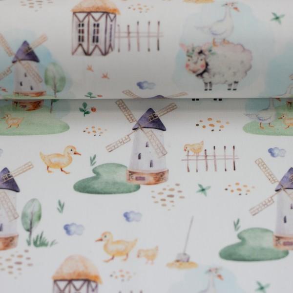 Bondegård og dyr på bred bomuldsstof - Får