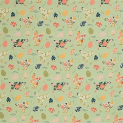 Høns og æg på bomuldsstof - Høns på grøn bund