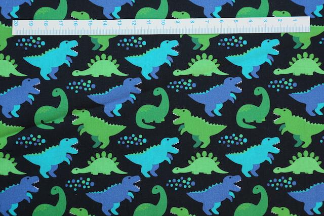 Blå og grøn bomuldsstof - Dinosauer