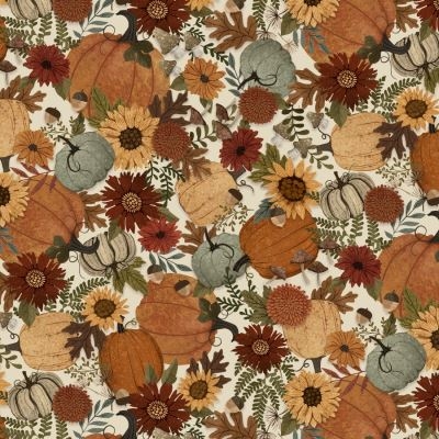 Autumn Homestead patchworkstof Græskar og solsikker lysbund