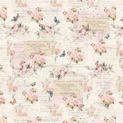 Parisian Snippets patchworkstof - roser og tekst