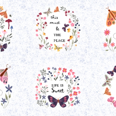 Flutter Blooms  patchworkstof Tekster 110 cm bred