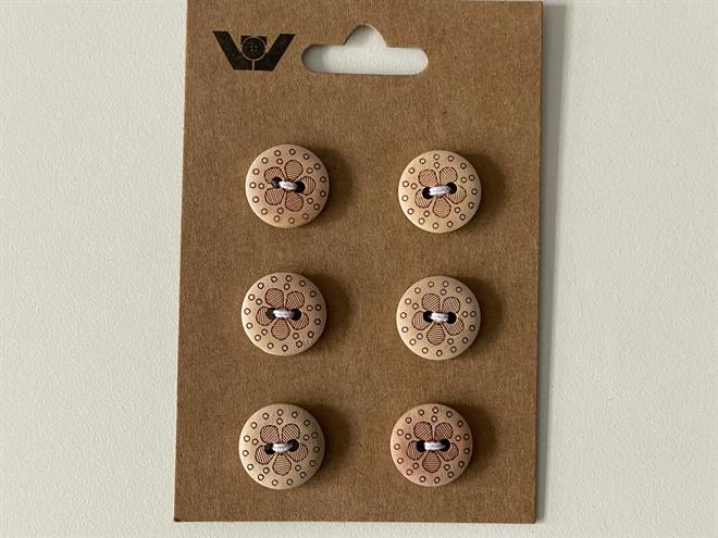 6 stk træ knapper med 2 huller - Blomster