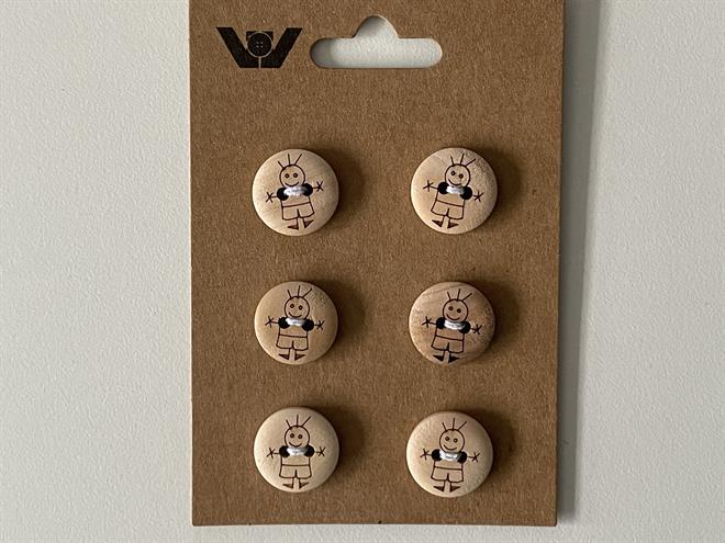 6 stk træ knapper med 2 huller - Dreng