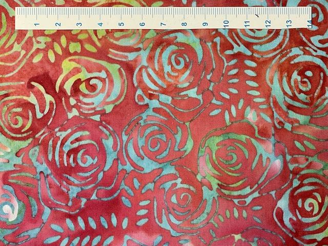  Batik Patchworkstof rød grøn runde blomster