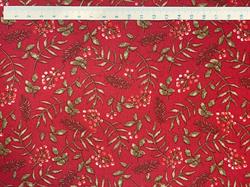 Grene og bær på bred rød bomuldsstof 