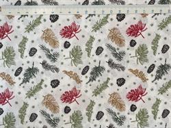 Kogler og grene på bred hvid bomuldsstof 