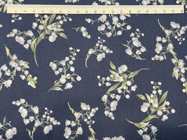 Ring a roses bred bomuldsstof - Liljekonvaller blå bund