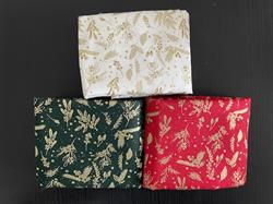Klassiske brede jule patchworkstof - 3 stk/FQ med guld grene