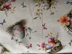 EGGSplosion bred bomuldsstof - Farvet æg i kurve