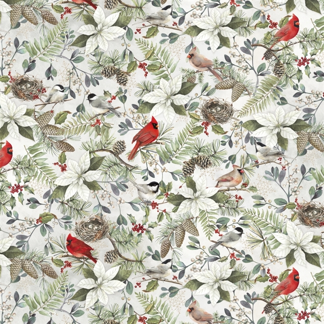 Winter Song patchworkstof 110 cm bred Røde fugle